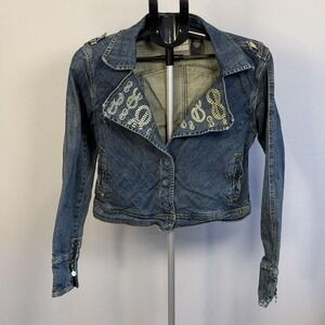 Enyce Denim Jacket Womens Large‎ Blue Rhinestone Biker Moto Zip Pockets Stretch